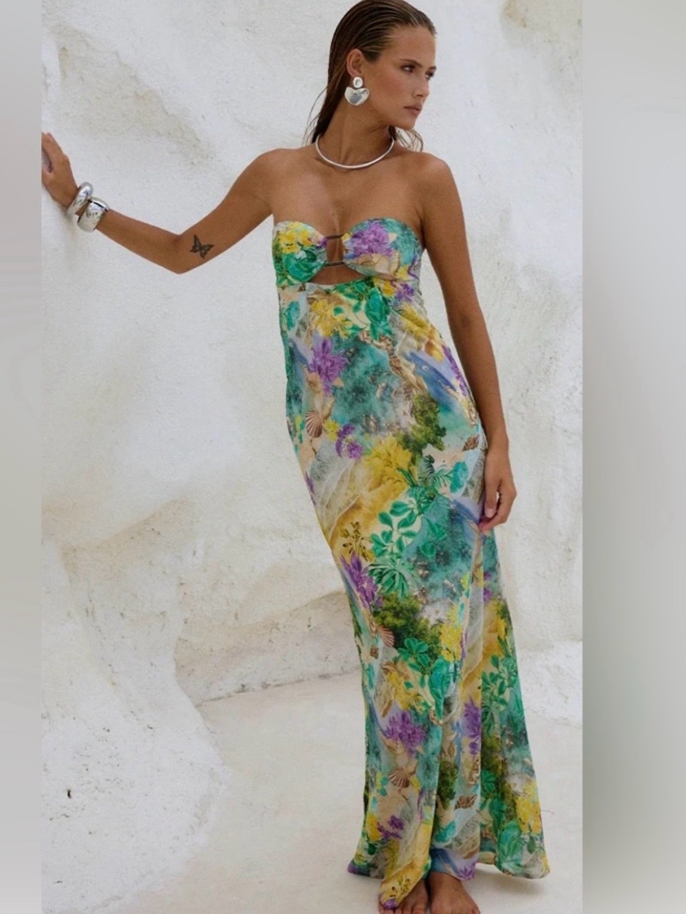 Strapless Floral Maxi Dress in Green & Yellow